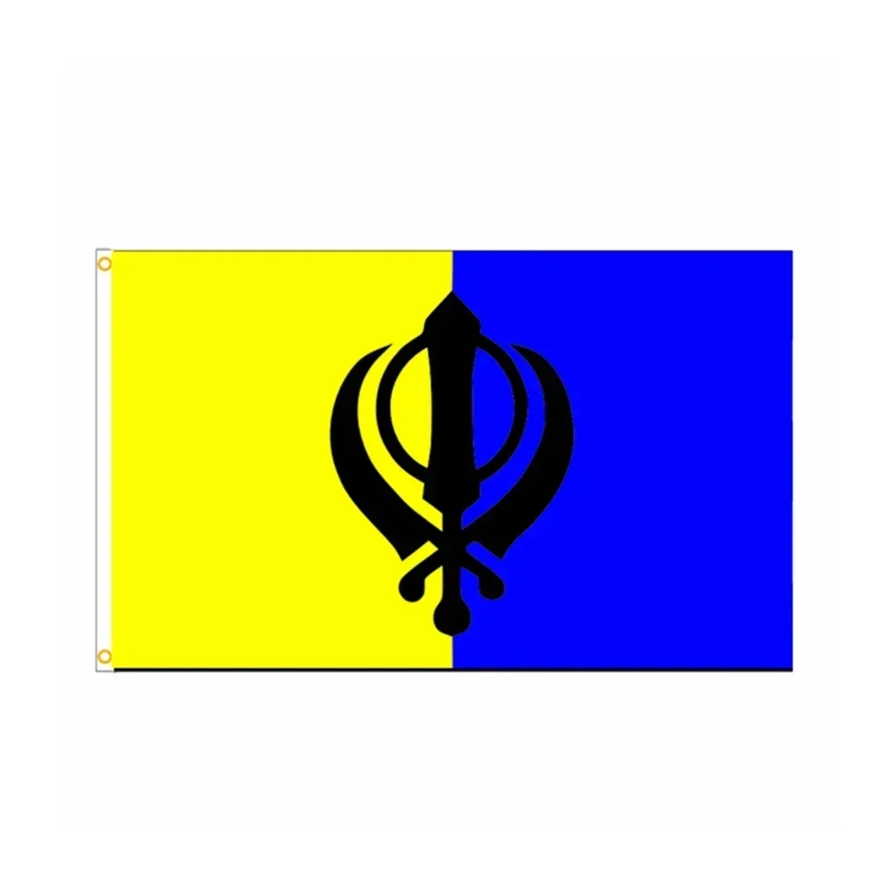 Blue Yellow Sikh Flag 90x150cm - Indian Sikhism Religion Polyester Banner for Outdoor Garden Temple Decor