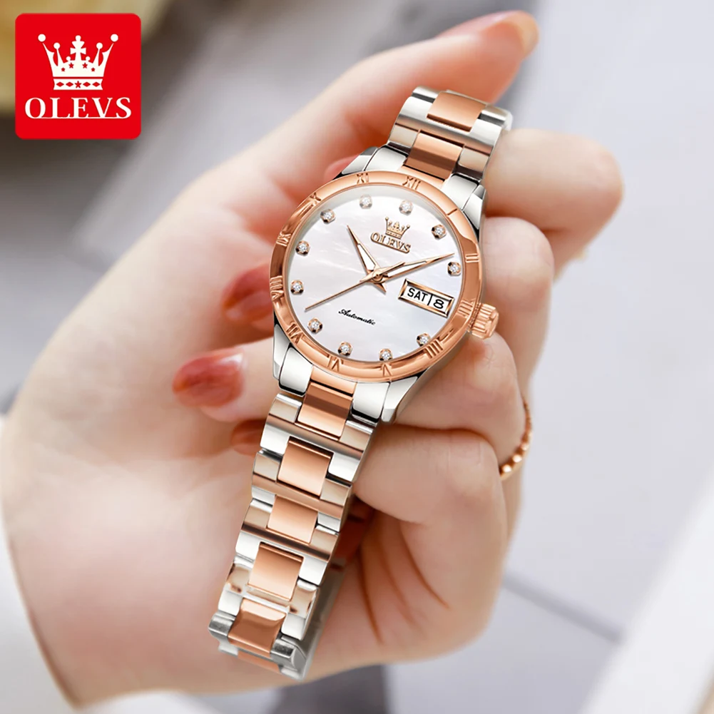 OLEVS العلامة التجارية الجديدة أزياء الميكانيكية ووتش المرأة تاريخ للماء مضيئة الفولاذ المقاوم للصدأ الفاخرة الأنيقة التلقائية ووتش السيدات