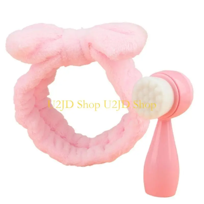 U2JD 2-in-1 Manual Cleansing Brush Facials Cleansing Brush Bowknot Hairband for Face