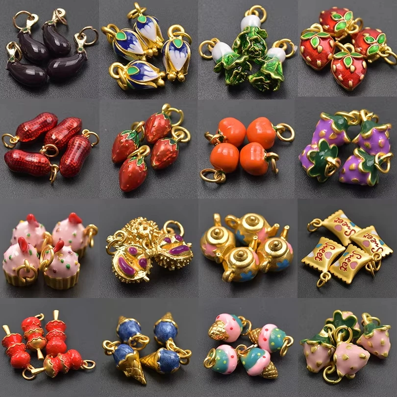 4pcs Stereoscopic Gold Plated Fruits Vegetables Flower Enamel Charms For Jewelry Making Alloy Eggplant Candy Pendants Bracelet