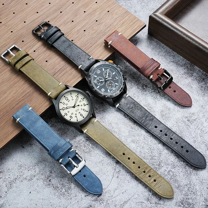 For TIMEX Expedition T49963 T49961 T49962 Series Leather Cowhide Men's Watch Strap Black Brown Vintage Wristband 20mm 22mm