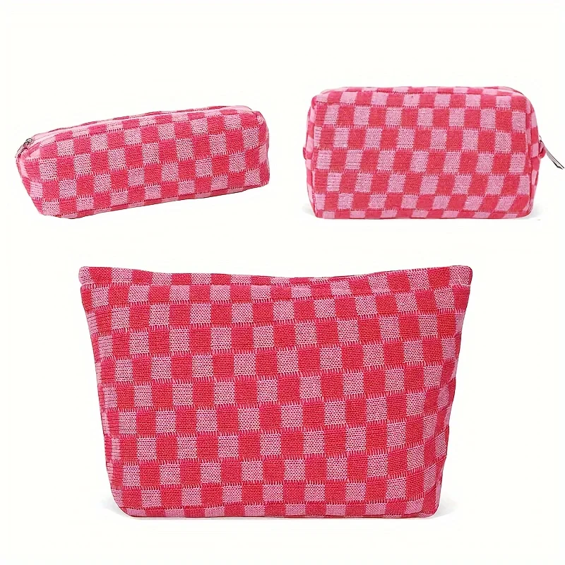 3-Piece Set Cosmetic Bags, Large Capacity Makeup Pouches, Travel Toiletry Organizer, Checkered Brush  Bags