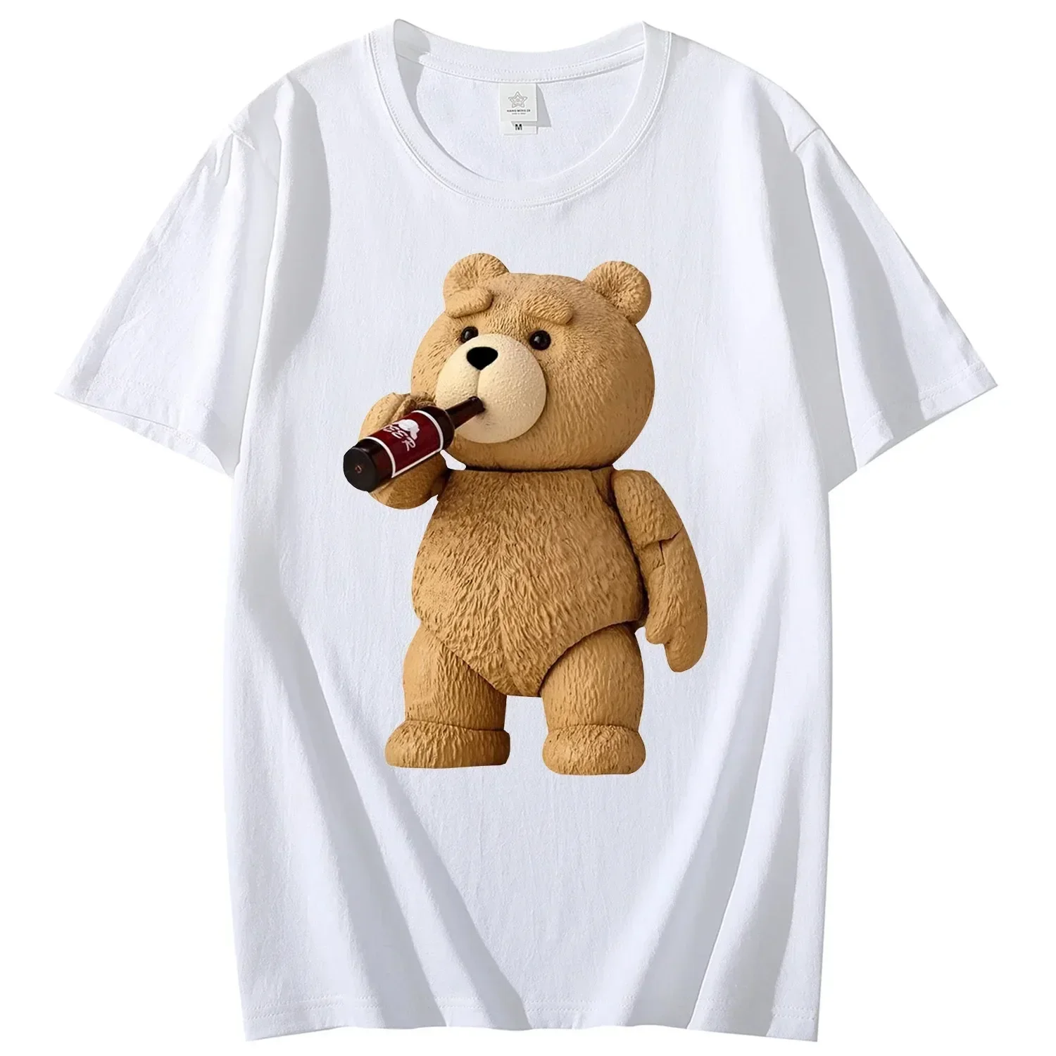 Men's Print Cute Teddy Bear Drinking Beer Poster T-Shirt Summer Oversized Men Short Sleeve Top Women Cotton T Shirt Streetwea