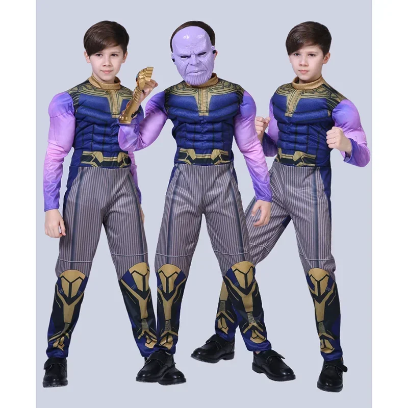 MINISO Thanos Cosplay Costume Superhero Muscle Costumes Anime Bodysuit Jumpsuit Halloween Birthday Clothes for Kids Gifts