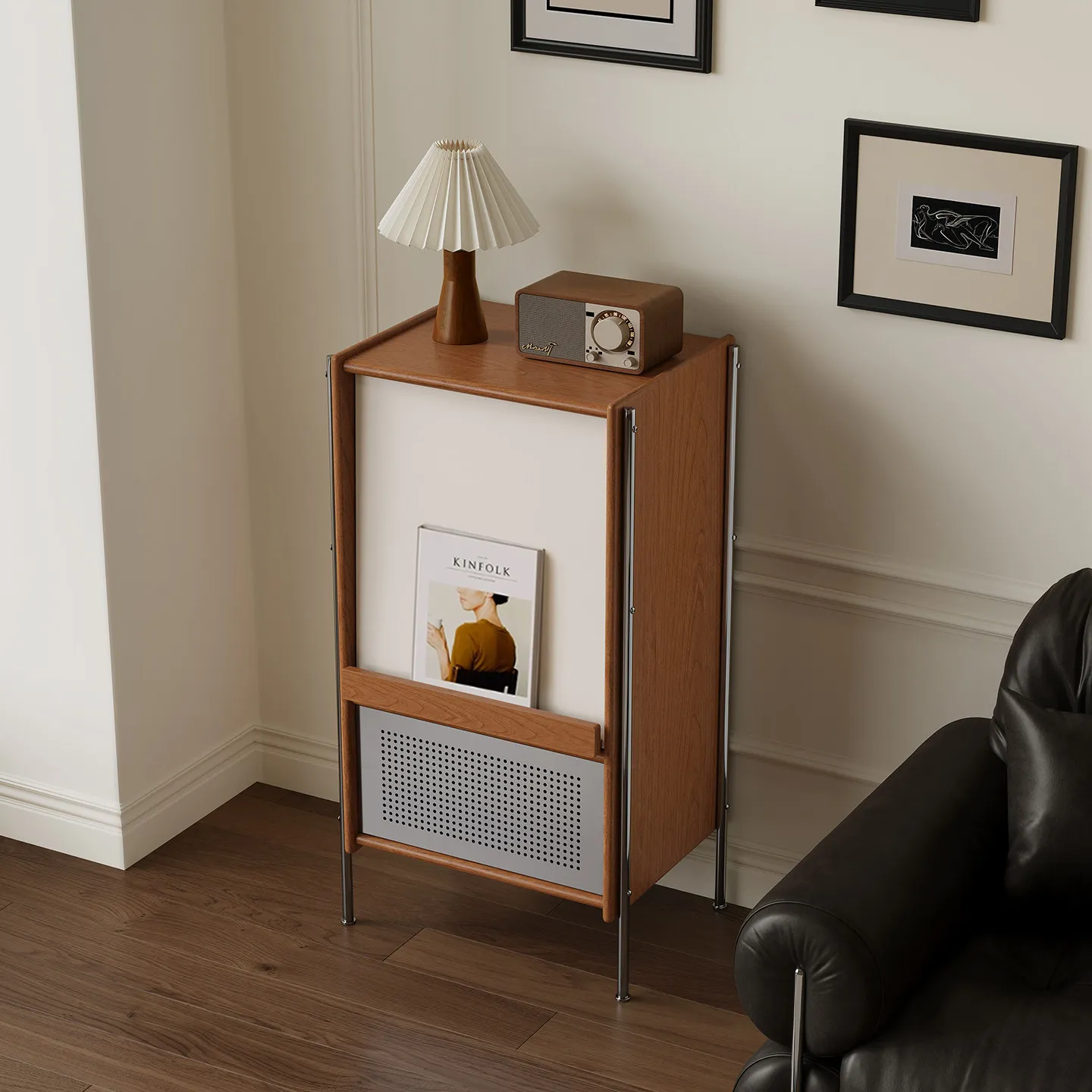 HYS cherry wood sofa side cabinet simple solid wood chest cabinet small apartment bedroom locker upturn door low cabinet
