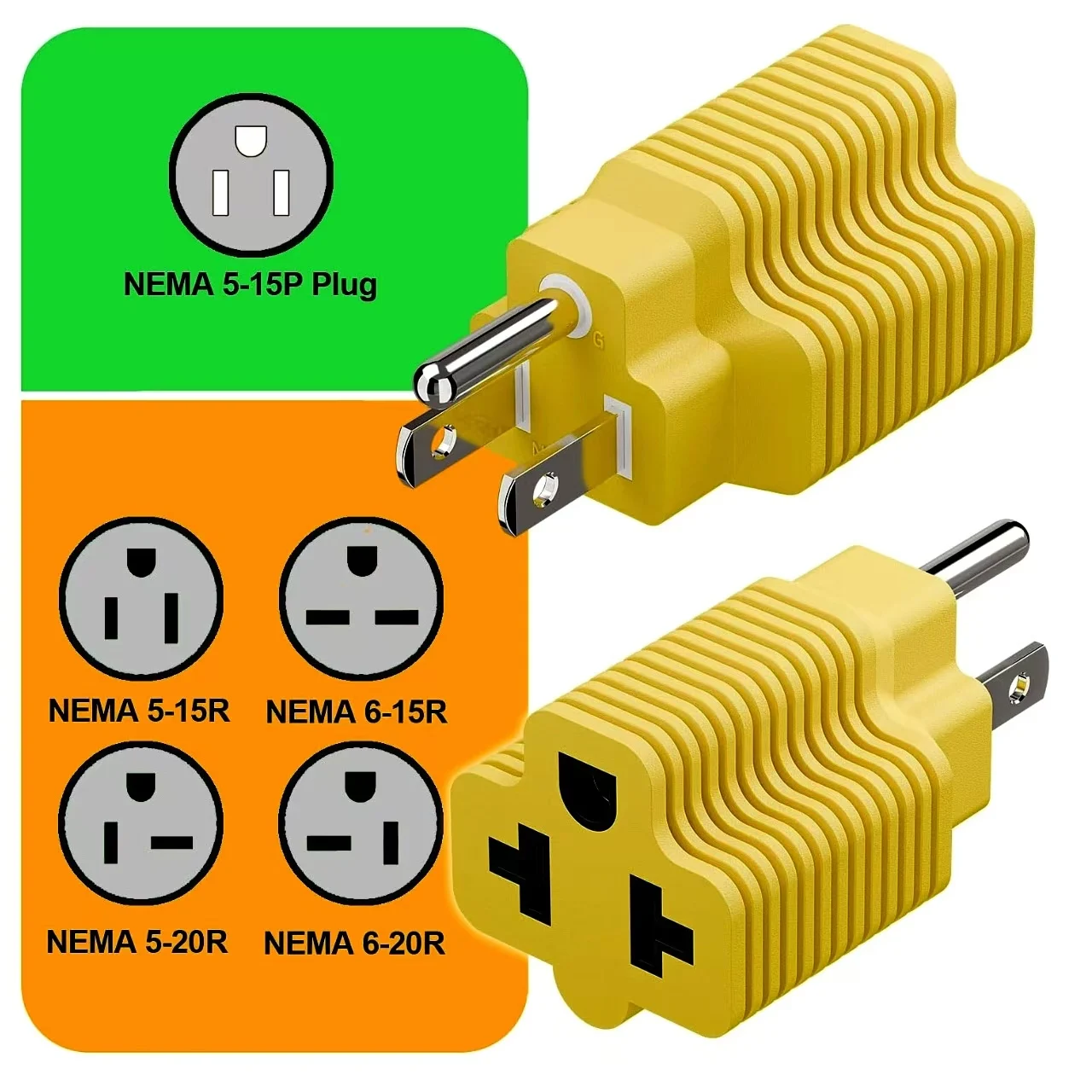 أصفر (3 عبوات) نيما 5-15P إلى 5-20R، 5-15P إلى 6-15R، 5-15P إلى 6-20R، محول طاقة تيار متردد 4 في 1 T Blade، محول 15A 125V إلى 20A 250V، #5