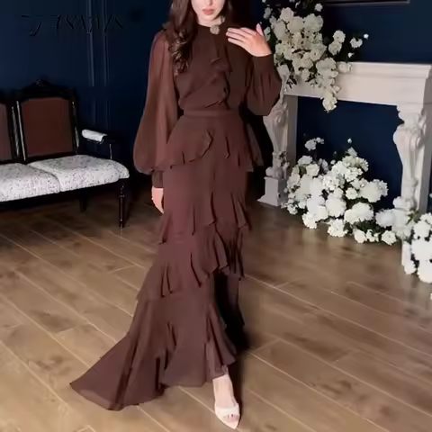 Fashion Long Sleeve Women's Autumn Dress Elegant O Neck Layered Ruffle Evening Dress Casual Solid Chiffon Irregular Maxi Dresses