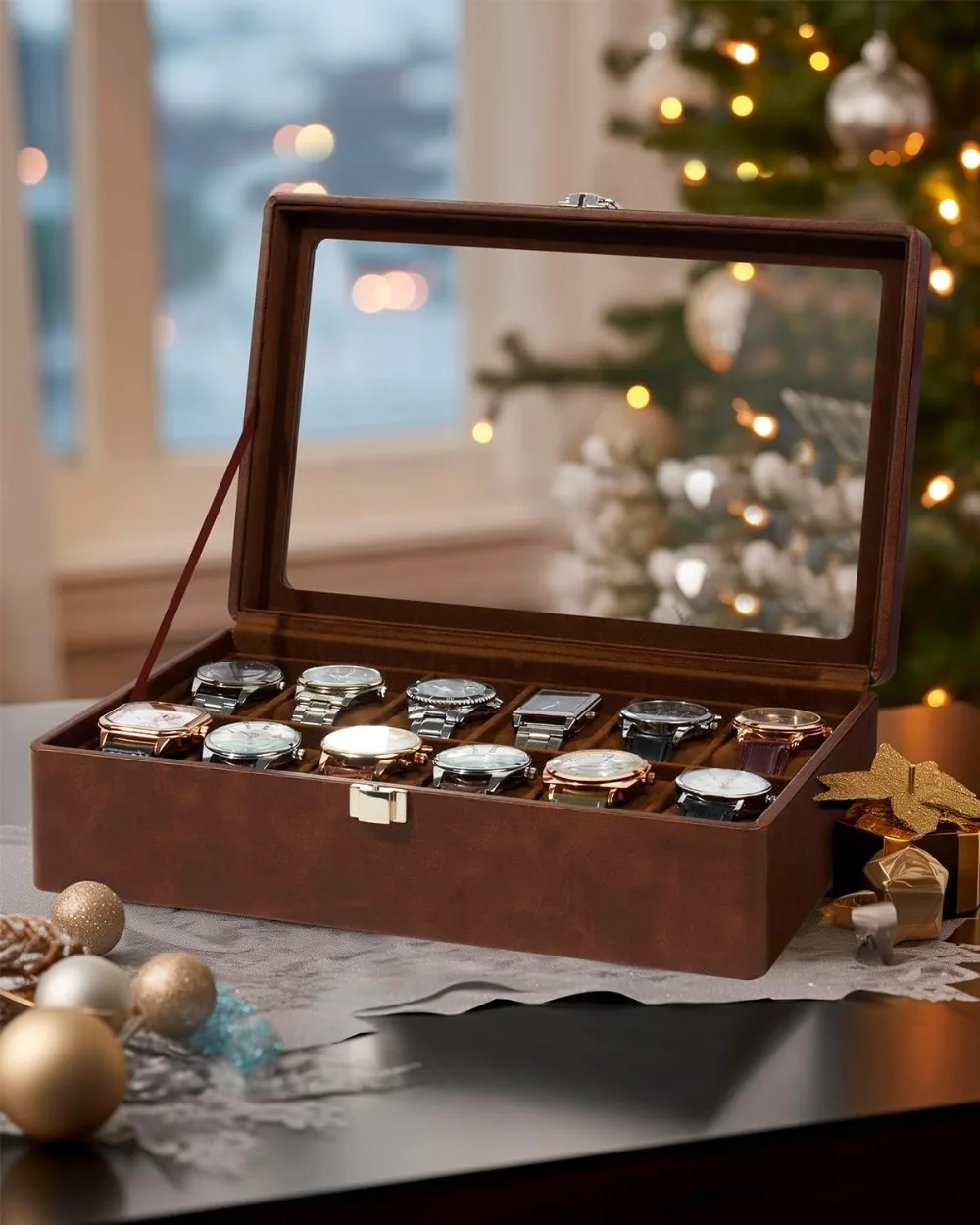 12 Slot Watch Box with Large Real Glass Lid, Brown Retro Synthetic Leather Display