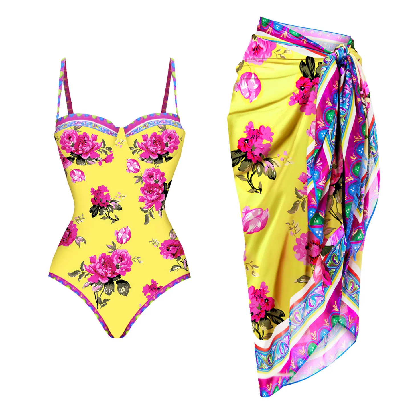 

Fashion Yellow Printed Women One Piece Swimsuit And Skirt Set Sexy Classical Lady Push Up Sliming Swimwear Female 3Pcs Beachwear