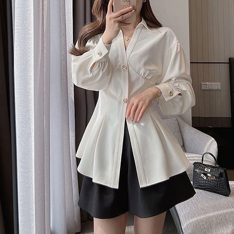 Women\'s Clothing Trendy V Neck Ruffled Chic Designer White Shirt Office Lady Business Casual Slim Blouse Long Sleeve Tops Blusas