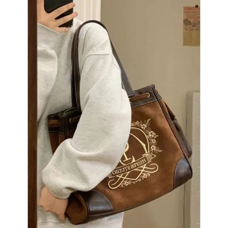 JIAERDI Retro Flower Letter Print Beige Shoulder Bags Women Crown Embroidered Large Capacity Tote Bag Female Vintage Y2k Handbag