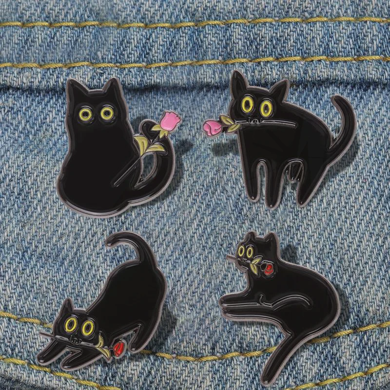 Cute Animal Pines Lapel Badges Cartoon Punk Jewelry Gift for Friends Black Cat With Rose Enamel Brooch Custom Funny