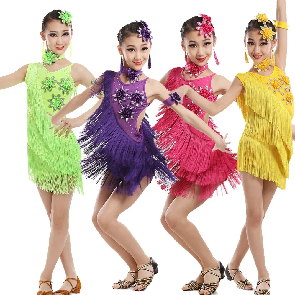 Sequins Tassels Kids Competition Latin Costumes Dance Dresses Girls Gymnastics Party Dancing Dress Stage Outfits Wear Dancewear