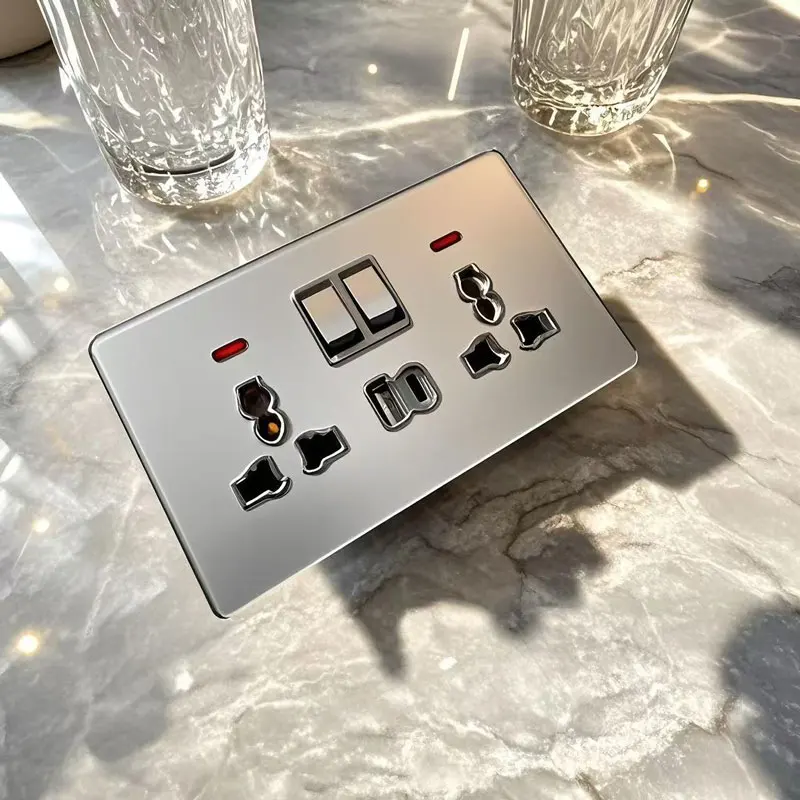 86/146 British Standard Ultra-Thin Tempered Glass Switch Socket Panel Double 13A Socket With Multi-Function USB Type-c Charging