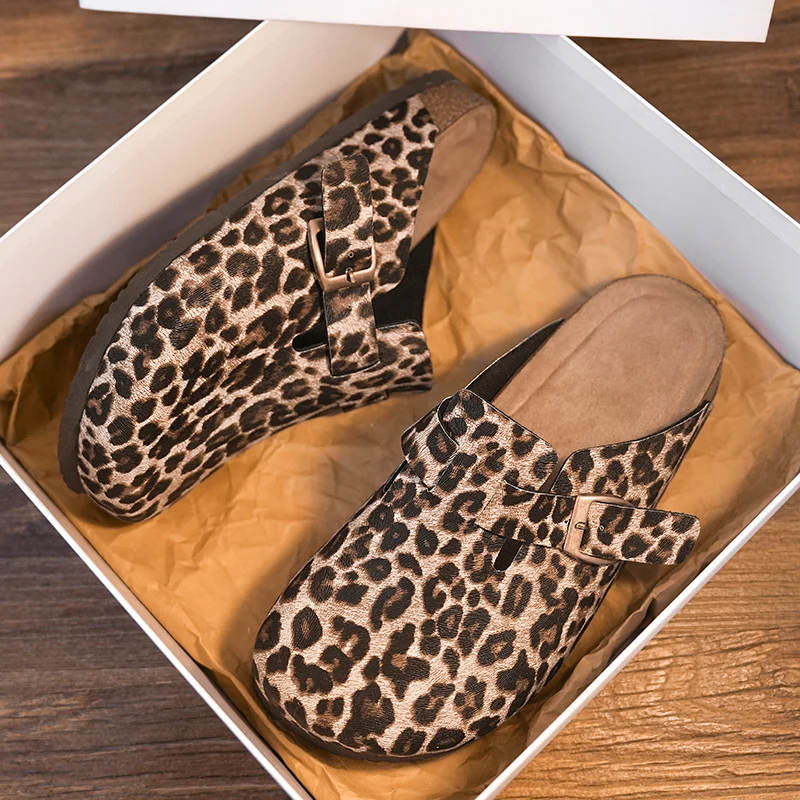 Unisex Leopard Print Cork Slippers Slip On Backless Clogs Comfort Footbed Indoor Outdoor Sandals For Men Women