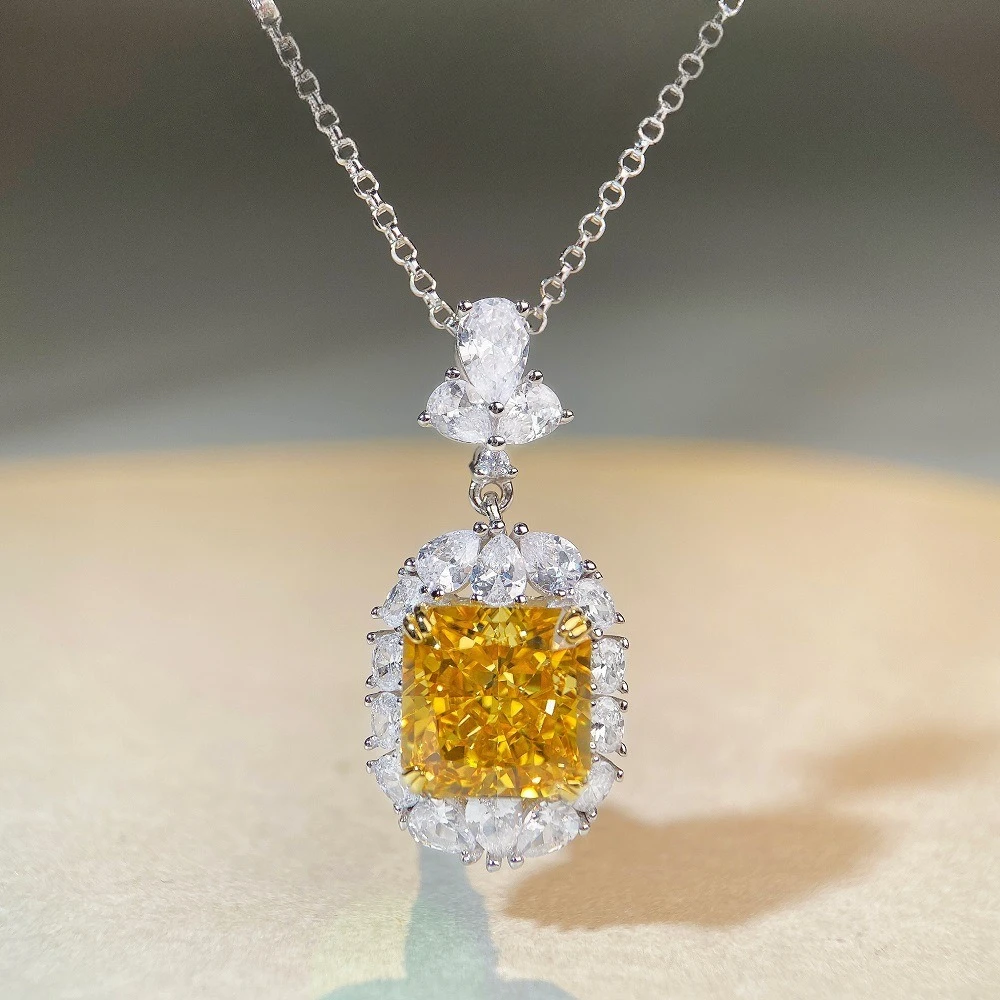 

Border S925 Sterling Silver Yellow Diamond Necklace Pendant for Women, Full Diamond Zircon, Redion, European and American