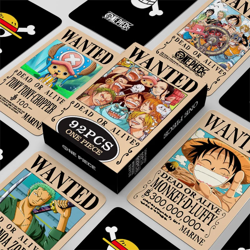 92 tarjetas de anime de One Piece 'Wanted Poster', pegatinas de tarjetas bidimensionales, tarjetas LOMO de doble cara