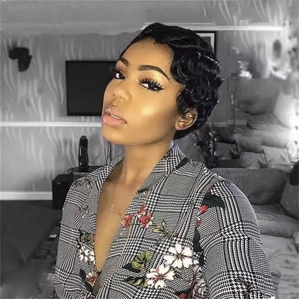 شعر مستعار قصير موجة الاصبع للنساء أسود عابث قطع الباروكات 100% شعر الإنسان الأم الباروكات شعر ريمي آلة صنع الطبقات موجات المحيط شعر مستعار #5