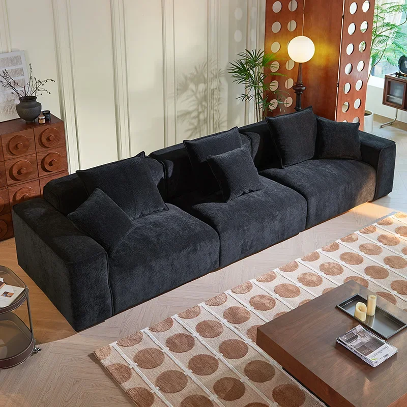 French retro tofu sofa, straight row chenille fabric Italian minimalist down small apartment living room 3