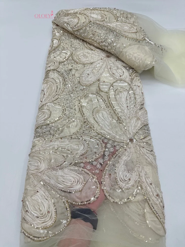 

OLOEY 2026Latest Elegant Best Quality Luxurious Chiffon Soft mesh Lace With Lots Beads fabric For Party Evening Dress