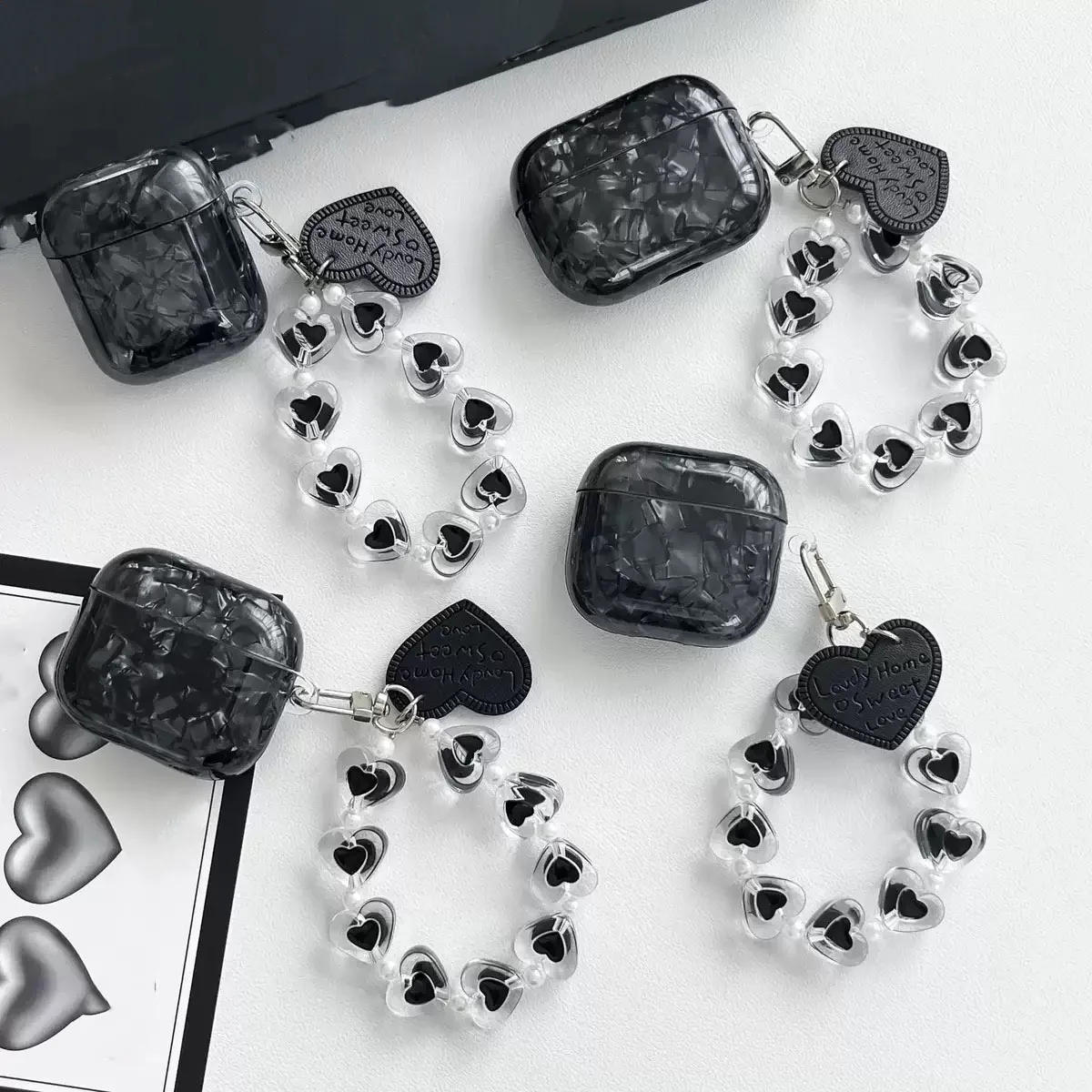 Black shell Earbuds Case Cover Beaded Chain Wristlet Stylish Protective Shell Portable Easy Carry Compatible for AirPods Pro3