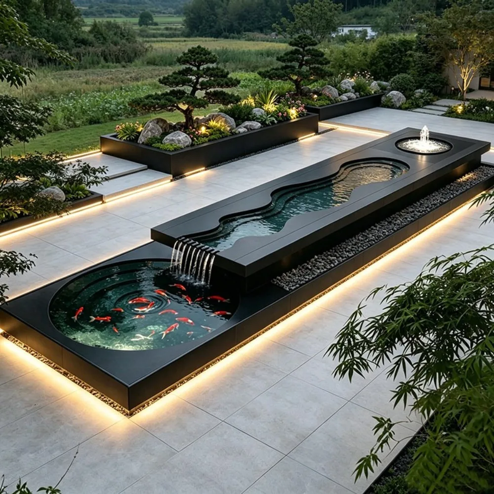 Modern Stainless Steel Koi Pond with Integrated Filter Luxury Outdoor Water Feature Zen Garden Fountain for Villa Courtyard
