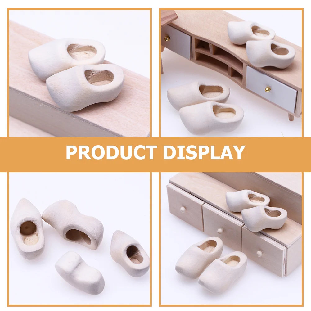 4 Pairs Clogs House Mini Wooden Klompen White Embryo DIY Craft Supply Child Shoe Ornament Shoes for Model