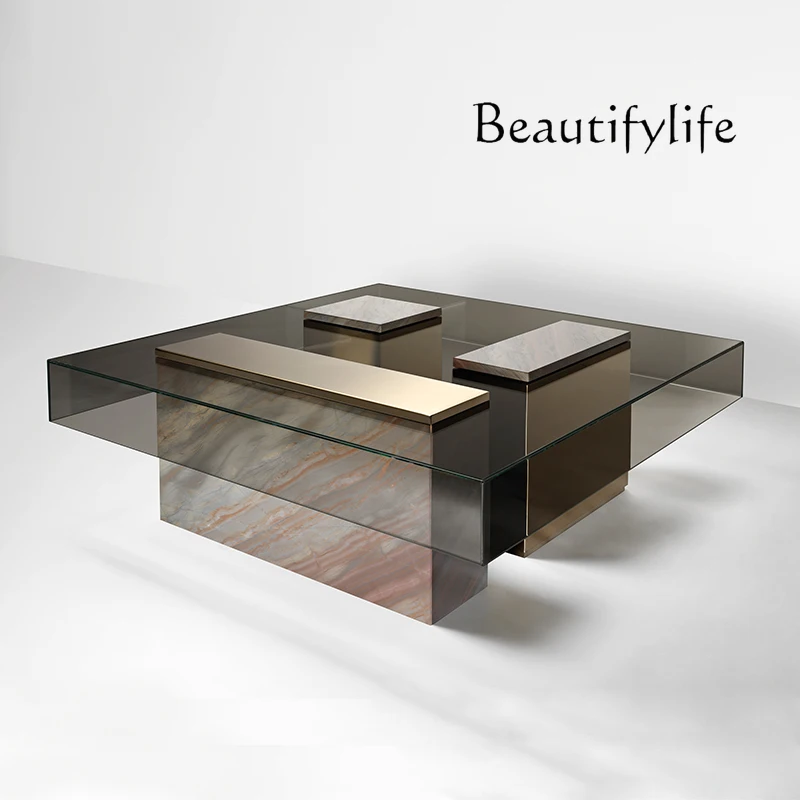 

Light Luxury Style Coffee Table Designer Stainless Steel Square Living Room Simple Modern Tempered Glass Table