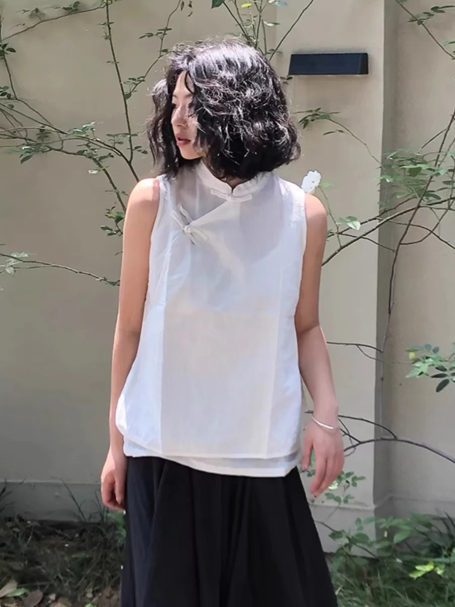 Verão novo sle retro algodão linho feminino artístico seda buttonl vela colete solto ajuste coreano sle irt