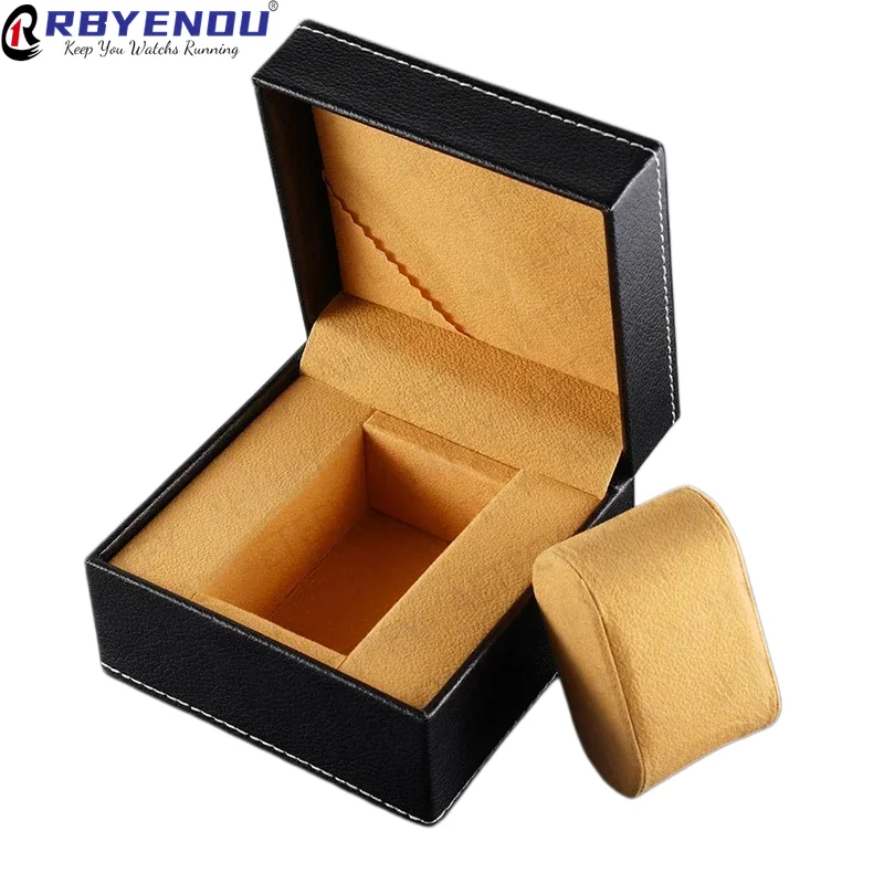 

OEM Black PU Leather Watch Case White Thread Interior Brown Plush Watch Packaging Gift Display Box Custom Logo For One Free