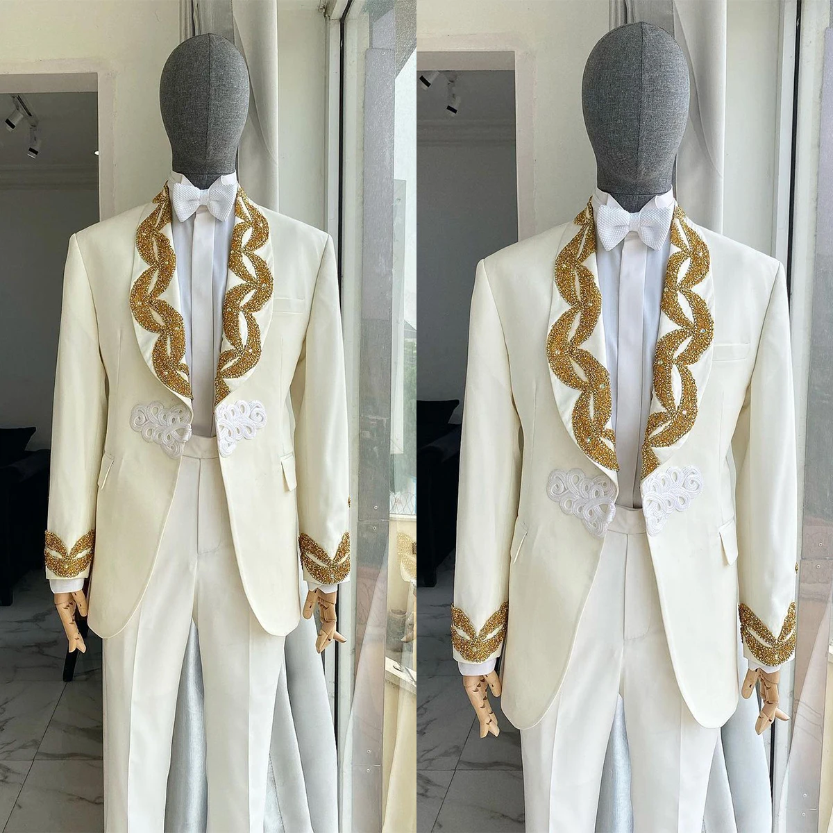 Wedding 2 Pieces Men Suits Set Golden Beads White Groom Tuxedo Blazer+Pants Custom Made Prom Dress Male Formal Party Coat Jacket