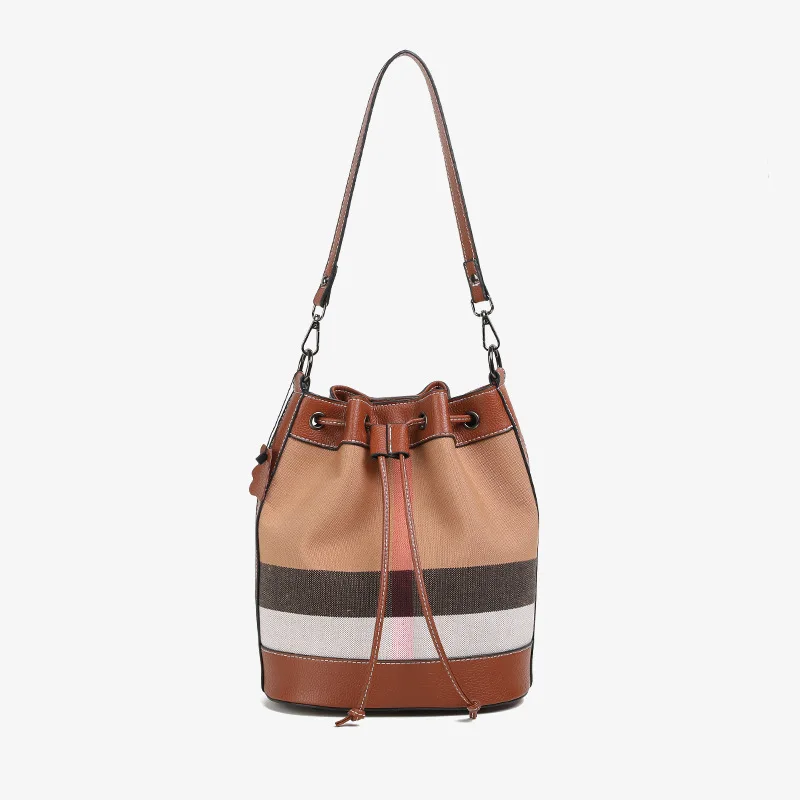 

Bucket Bag Leather Patchwork Women's Bag New Single Shoulder Crossbody Bag Canvas Checkered Bag Versatile Composite Bag for Lady