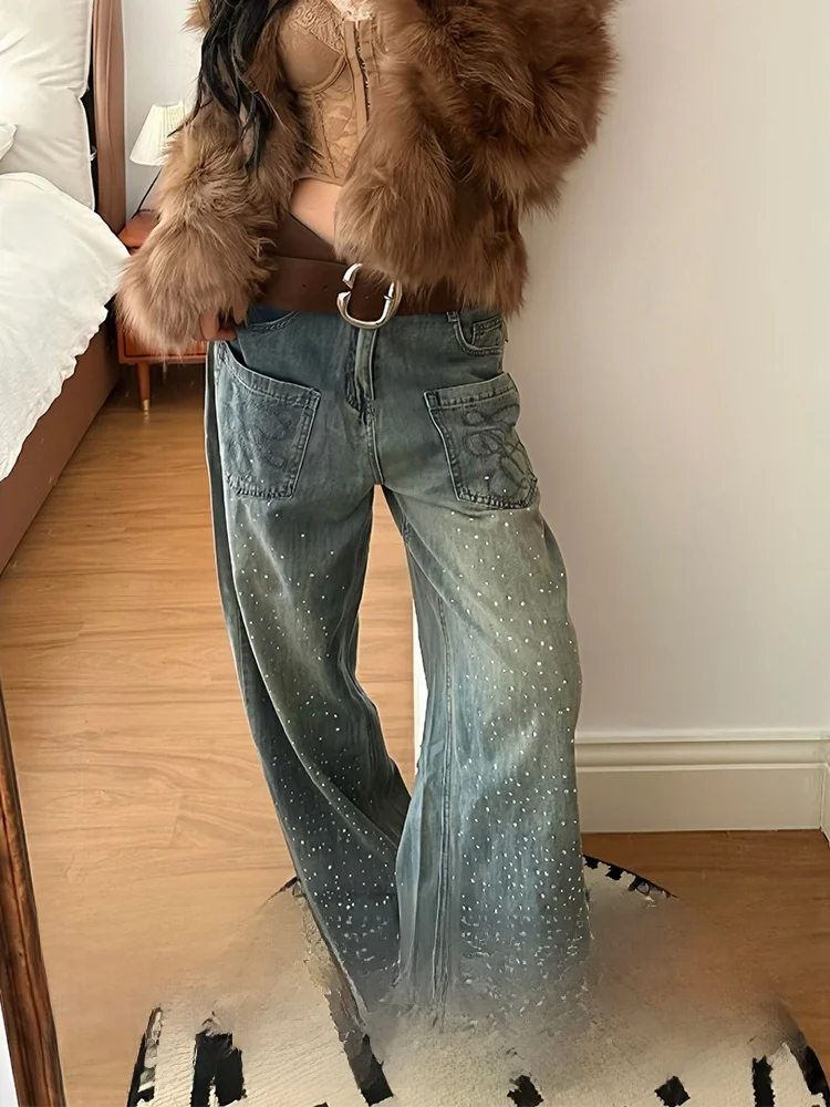 

Джинсы женские с высокой талией, вышивкой и стразами, прямые, осенне-зимние, новинка