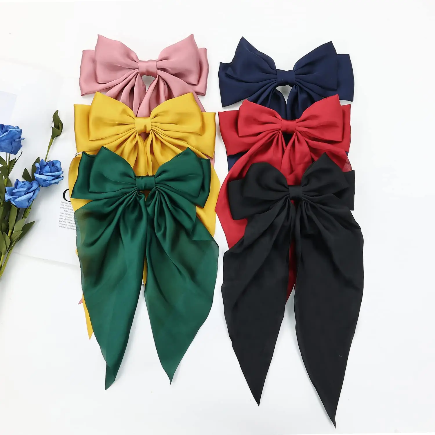 

6PCS New Design Korean Girls Bow knot Hair Clip Ribbon Silky Satin Bow Hair Clips Long Tail Bows Clip for Girls Women