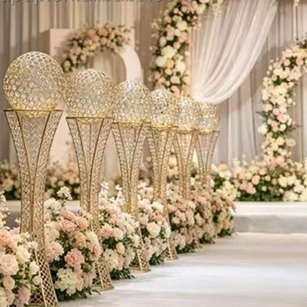 100cm 2-6pcs Wedding Gold Silver Road Lead Decoration Crystal golbe Metal Party Flower Stand Table Centerpieces