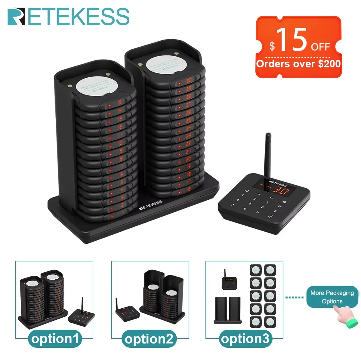 RETEKESS TD186 Sistema de Llamada Inalámbrico Apilable Antivuelco para Restaurantes, Vibradores, Llamadores, Campanas de Llamada para Cafeterías y Food Trucks