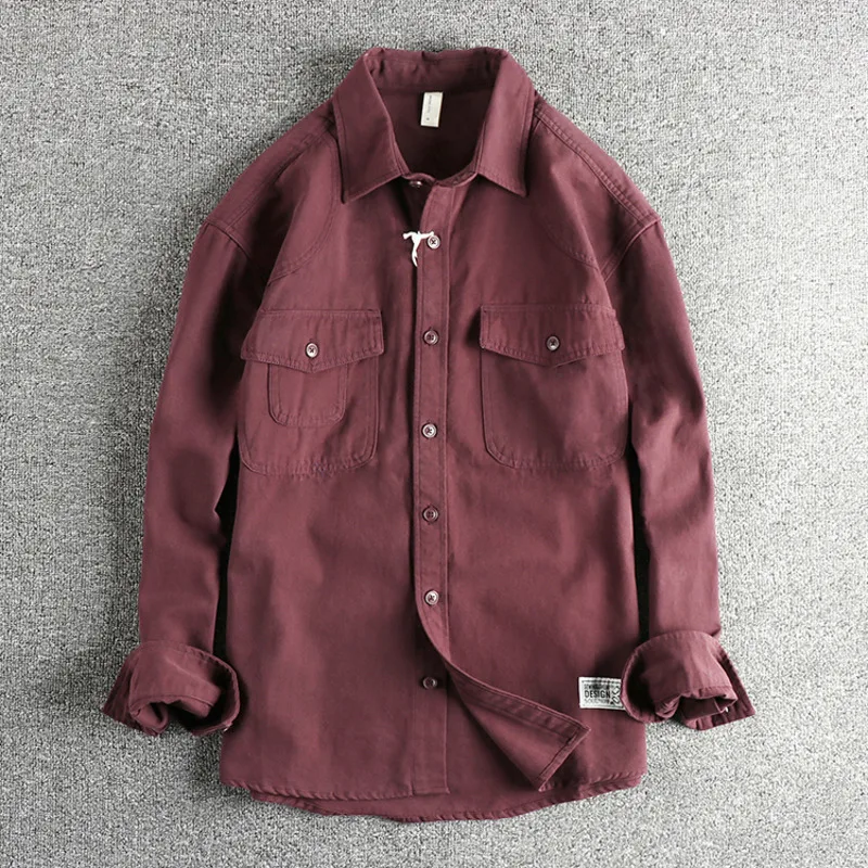 Men's Heavyweight 100% Cotton Sold Color Work Shirt Vintage Double Pocket Long Sleeve Retro Cowboy Shirt Jacket