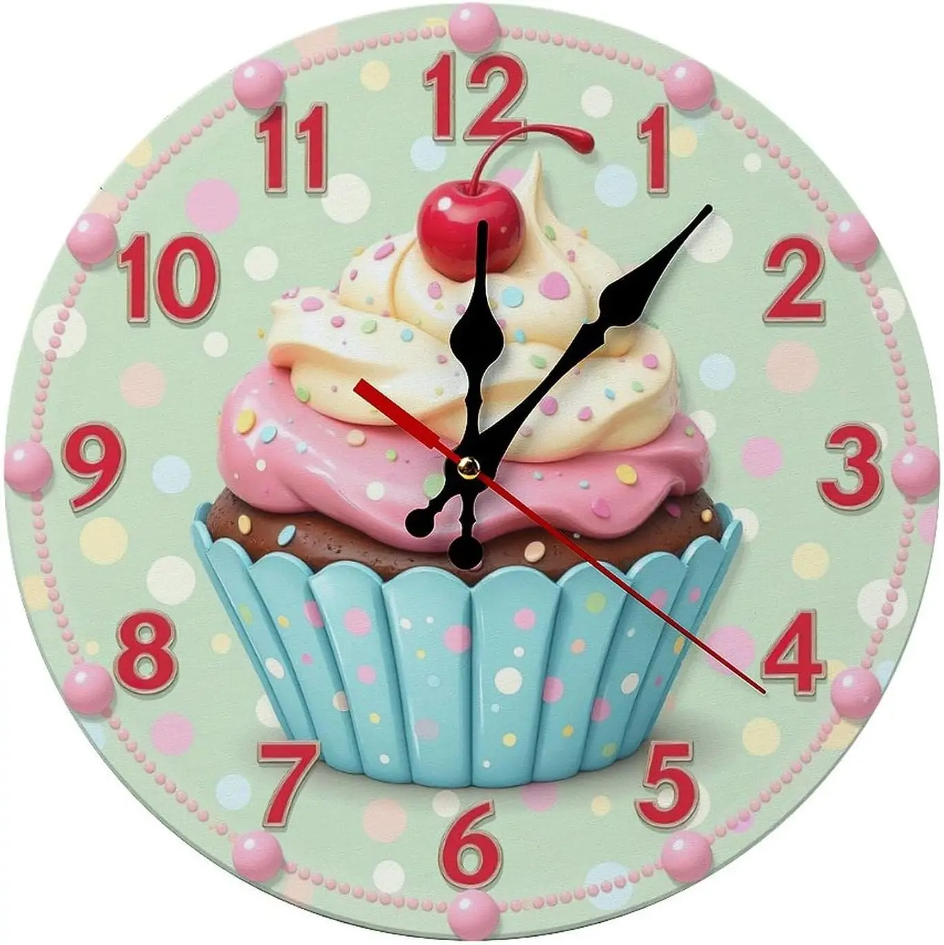 Cupcake Clock Pastel Background 2D 12 Inch Silent Wall Clock, Frameless Round Clock with Quartz Movement for Bathroom, Kitchen