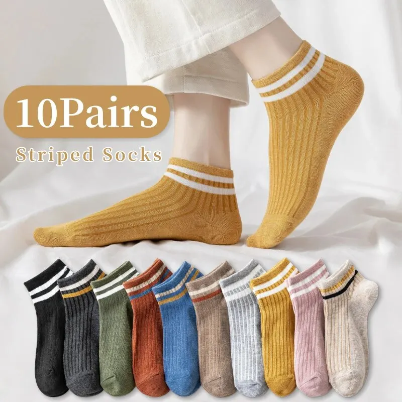 10 Pairs of Women\'s Spring and Summer Four-seasons Striped Solid Color Simple Fashionable and Comfortable School Students Socks
