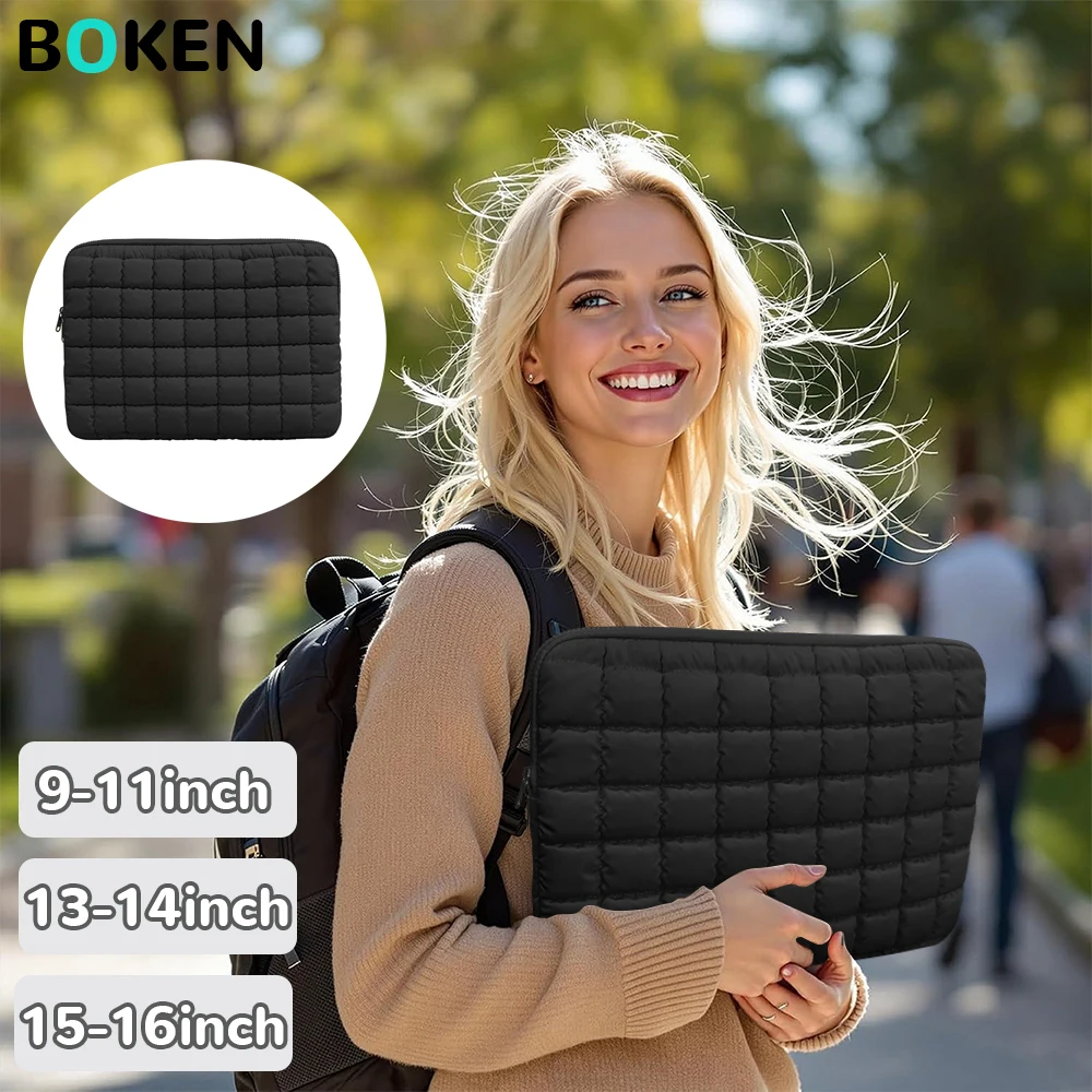 

Puffy Laptop Sleeve with Grid Pattern, Soft Shockproof Case for 11 13 14 15 16 Inch MacBook Air/Pro, Black Notebook Bag Laptops