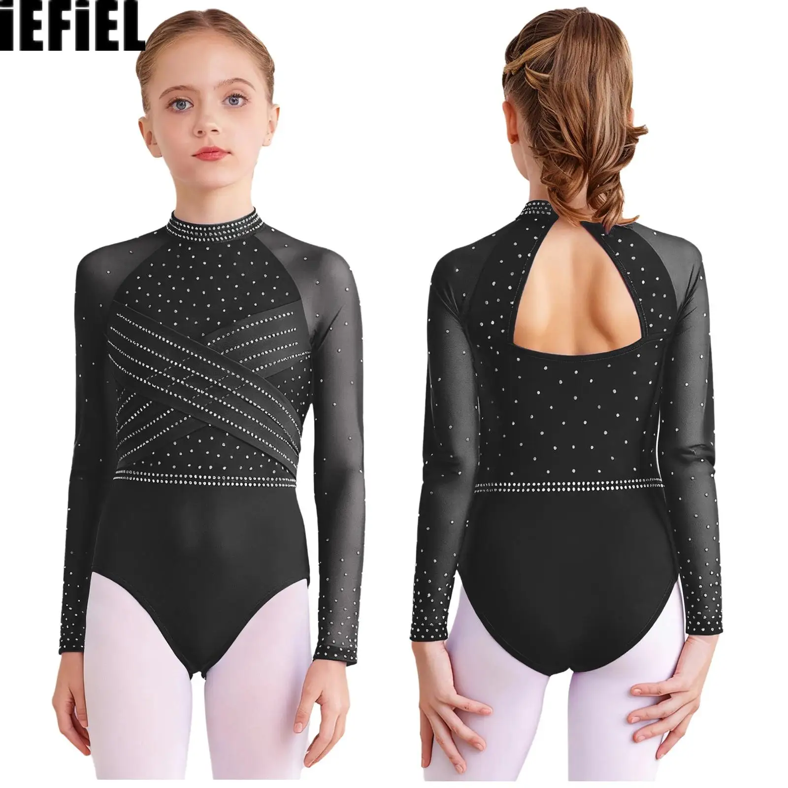 

Kids Girls Gymnastics Dance Leotard Sheer Mesh Long Sleeves Cross Front Cutout Back Sparkling Rhinestones Bodysuit Dancewear