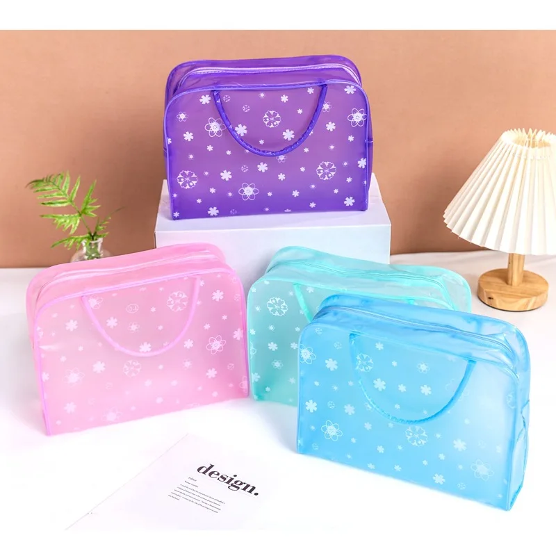 Transparent PVC Cosmetic Bag Waterproof Floral Print Toiletry Handbag Portable Travel Organizer Storage Pouch for Bathroom Trip