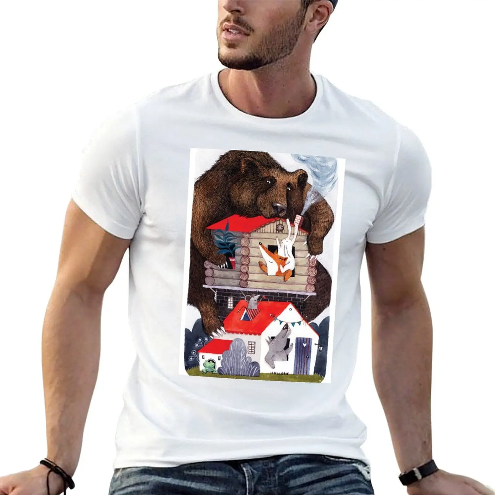 تي شيرت حكاية Teremok برسومات خرافية للتي شيرتات روسية حزمة قميص رجالي قطني