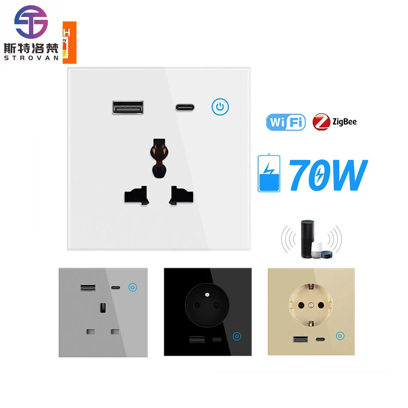 

STLF 70W Smart Home Wall Socket Tuya Wifi Universal UK/EU/US Standards Type C USB Fast Charger Glass for Hospital Use Zigbee