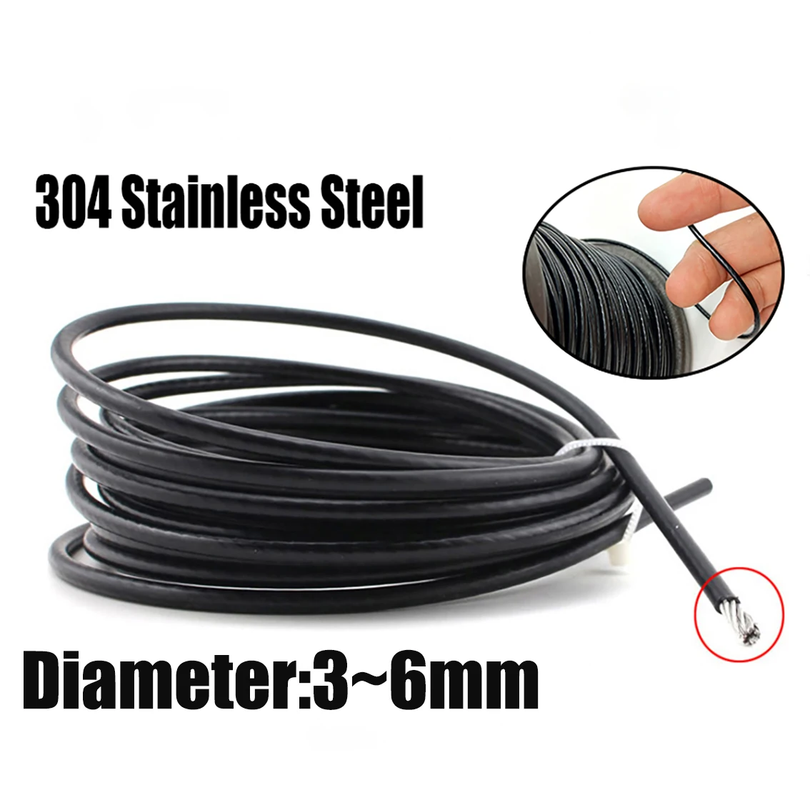 1/2 Meter 7 * 7 /7*19 Structure 304 Stainless Steel Black Plastic Coated Steel Wire Rope Diameter After Coating 3mm 4mm 5mm 6mm