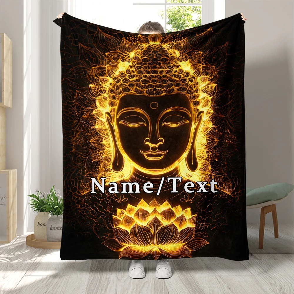 اسم مخصص حالمة الذهب بوذا بطانية خفيفة الوزن الفانيلا الفراش المنزلي مع تصميم لوتس لينة ودافئة الرقمية المطبوعة