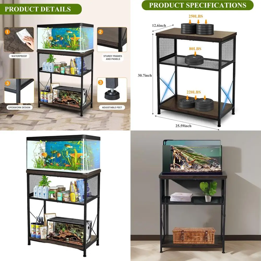 

Sturdy Double-Tier Steel Stand for 10-20 Gallon Aquariums, Adjustable Height, Ideal for Reptiles and Storage, Black