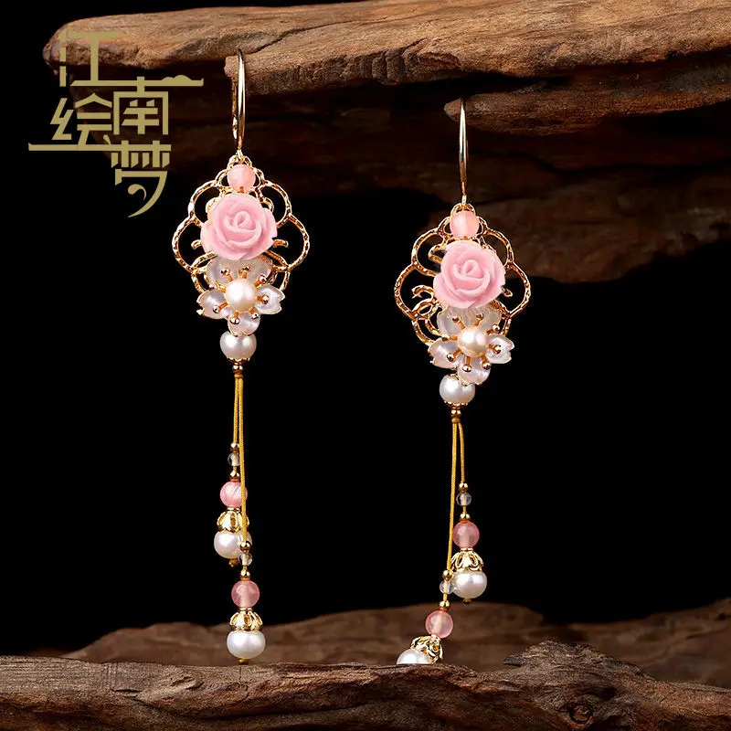 

Chinese Ethnic Long Earrings Women's Flower Earrings South Super Immortal Retro Exaggerated Ear Hook Elegant Mori Ear Jewelry