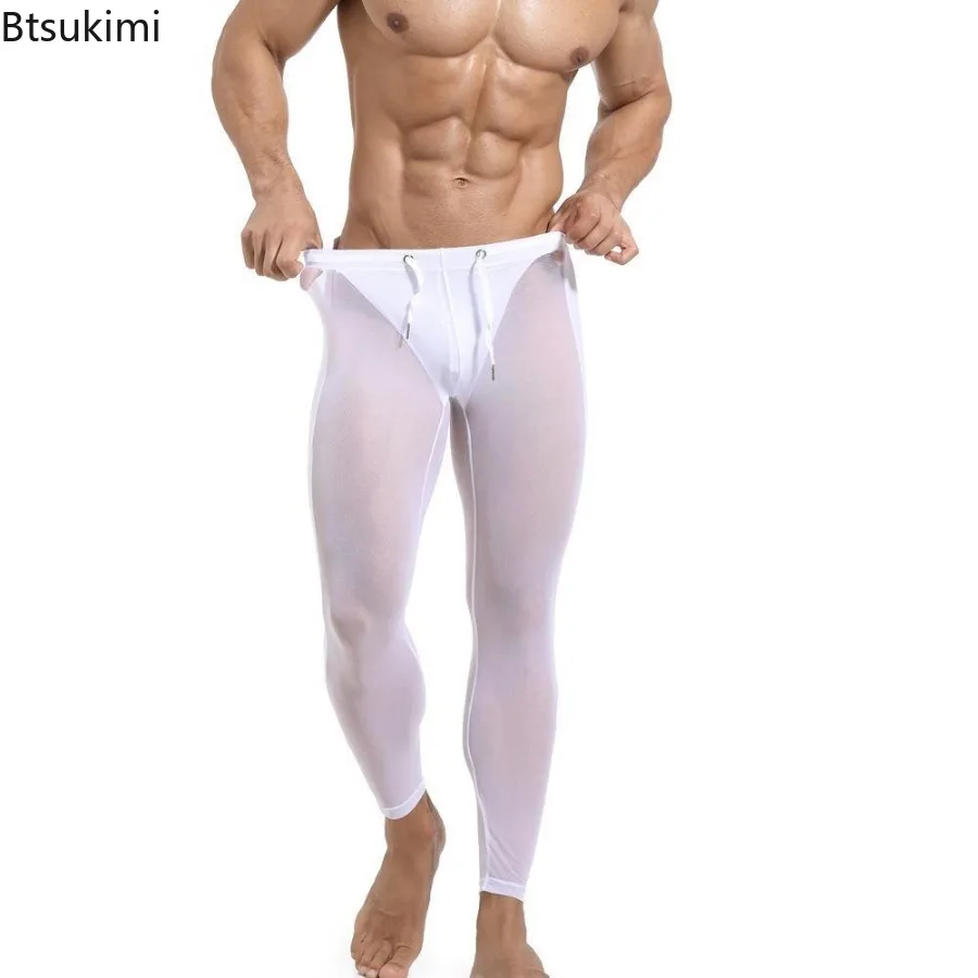2025 Men's Ice Silk Long Pants Thin Nylon Sexy Sportswear Underwear Men Tight Legging Long Skinny Fitness Riding Sleep Bottoms