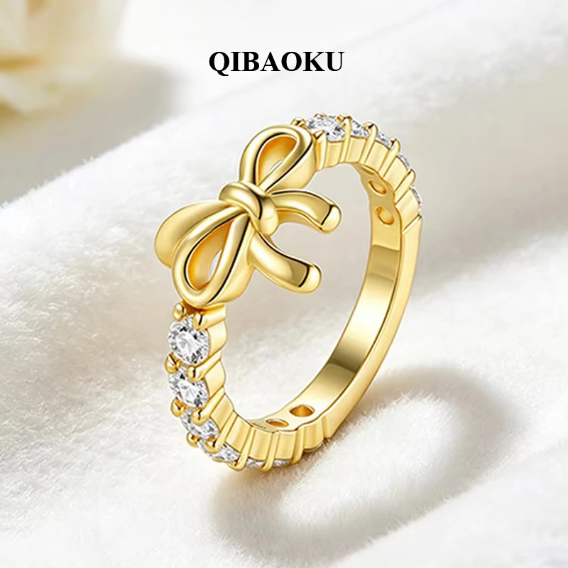 QIBAOKU Cute 2.5mm Excellent Bowknot Rings for Women Half-eternity Matching Band Wedding Jewelry S925 Sterling Silver Gifts 2026